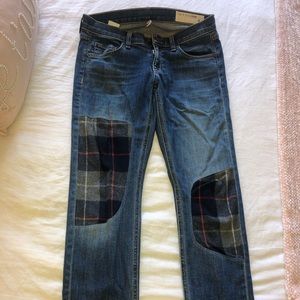 Rag and Bone blue denim with suede plaid patches